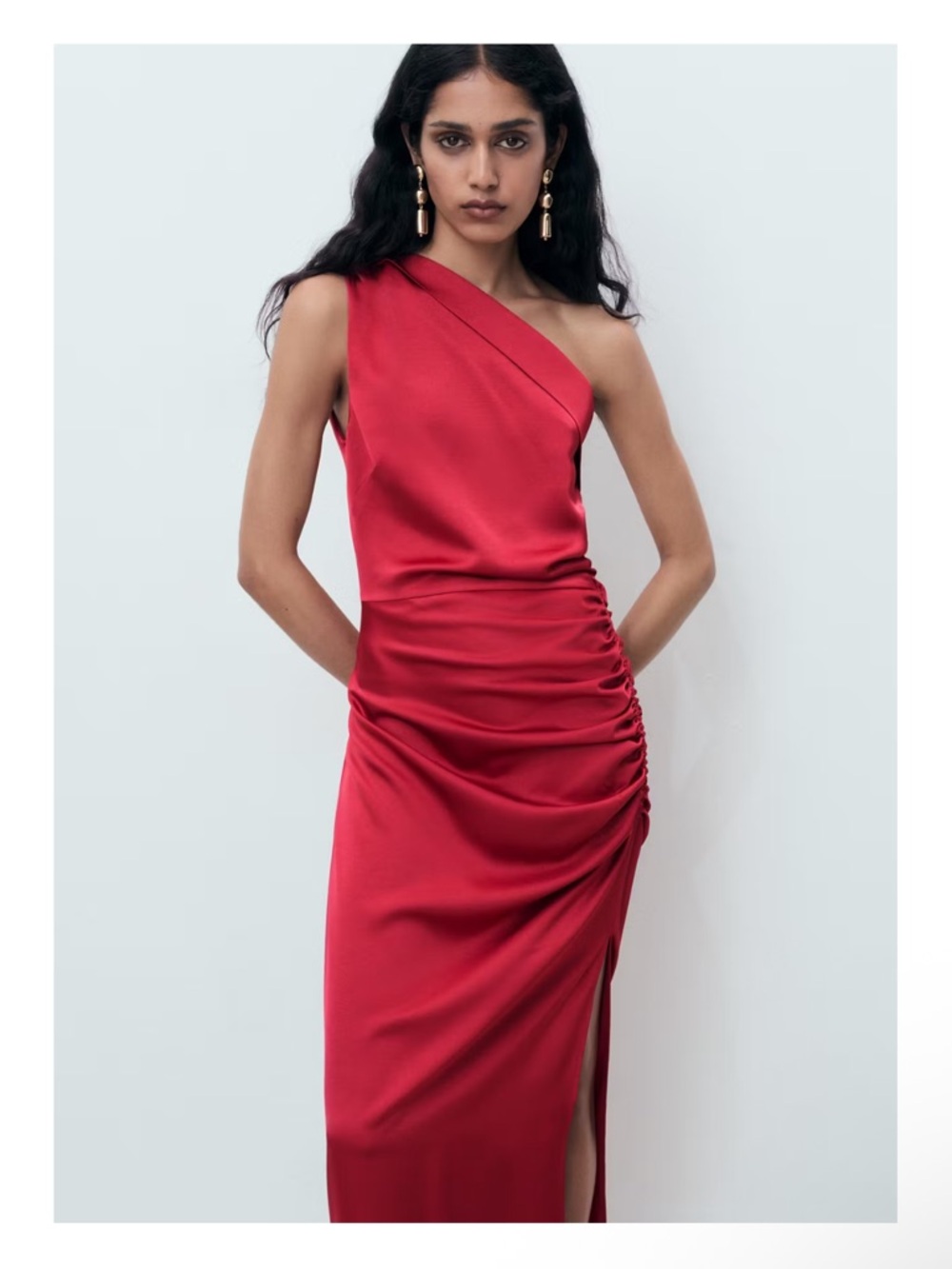 MANGO One-Shoulder Red Ruched Satin Dress